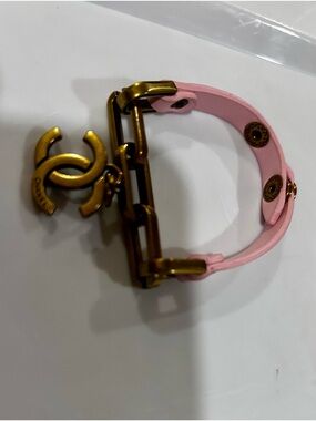 Pink Leather Bracelet with Gold-Tone Logo Charm, NEW